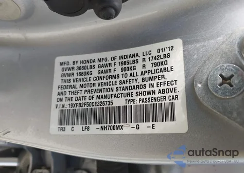 2012 Honda Civic Lx from USA, damaged, VIN 19XFB2F50CE326735